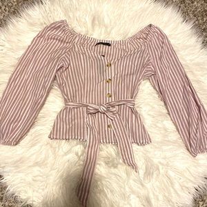 Striped Button Tie Shirt - Abercrombie & Fitch - Puffed sleeves